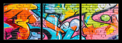 Obraz s hodinami 3D tdln - 150 x 50 cm F_BM715124495 - wall scratched with colorful graffiti and drawings. colorful graffiti brick wall urban visual