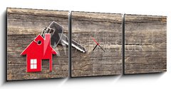 Obraz s hodinami 3D třídílný - 150 x 50 cm F_BM72381127 - Symbol of the house with silver key on vintage wooden background - Symbol domu se stříbrným klíčem na vinobraní dřevěné pozadí