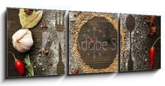 Obraz s hodinami 3D tdln - 150 x 50 cm F_BM73223520 - Spices on table with cutlery silhouette, close-up