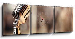 Obraz s hodinami 3D tdln - 150 x 50 cm F_BM74009701 - Silver vintage microphone in the studio on blured background - Stbrn vintage mikrofon ve studiu na blured pozad