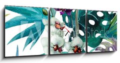 Obraz s hodinami 3D třídílný - 150 x 50 cm F_BM74294366 - pattern orchid hibiscus leaves watercolor tropics - vzorek orchidea ibišek opouští vodní barvy tropů