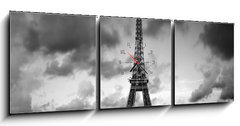 Obraz s hodinami 3D tdln - 150 x 50 cm F_BM76327230 - Effel Tower, Paris, France and retro red car. Black and white