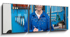 Obraz s hodinami 3D tdln - 150 x 50 cm F_BM76802696 - Smiling mechanic looking at camera
