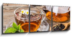Obraz s hodinami 3D tdln - 150 x 50 cm F_BM76902225 - Tea composition with mint leaf on wooden palette
