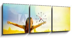 Obraz s hodinami 3D tdln - 150 x 50 cm F_BM77938326 - Free Happy Woman Enjoying Nature. Beauty Girl Outdoor.