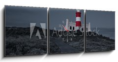 Obraz s hodinami 3D tdln - 150 x 50 cm F_BM78333041 - Lighthouse with shining light in darkness and dark blue clouds a