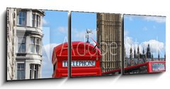 Obraz s hodinami 3D tdln - 150 x 50 cm F_BM78676038 - Telephone box, Big Ben and double decker bus in London