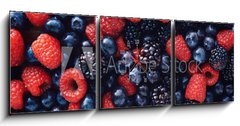 Obraz s hodinami 3D tdln - 150 x 50 cm F_BM78821273 - blueberies, raspberries and black berries shot top down - blueberies, maliny a ern bobule zastelen shora dol