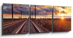 Obraz s hodinami 3D tdln - 150 x 50 cm F_BM81148616 - Orange sunset in low clouds over railroad - Oranov zpad slunce v nzkch mracch nad eleznic