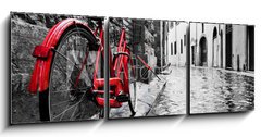 Obraz s hodinami 3D tdln - 150 x 50 cm F_BM95275197 - Retro vintage red bike on cobblestone street in the old town. Color in black and white - Retro vinobran erven kolo na dldn ulici ve starm mst. Barva ern a bl