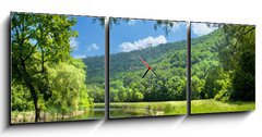 Obraz s hodinami 3D tdln - 150 x 50 cm F_BM9878015 - summer landscape with river and blue sky