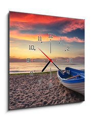 Obraz s hodinami   Boat and sunrise, 50 x 50 cm