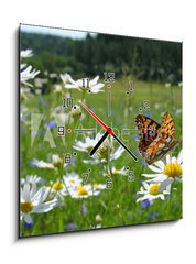 Obraz s hodinami   Butterfly Queen of Spain Fritillary  spring landscape, 50 x 50 cm