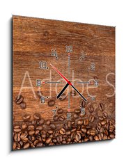 Obraz s hodinami 1D - 50 x 50 cm F_F104485723 - coffee background with beans on rustic old oak wood - káva pozadí s fazolemi na rustikální staré dubové dřevo