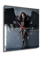 Obraz s hodinami 1D - 50 x 50 cm F_F107103737 - Fallen black angel with wings. Sexual woman - Padlý černý anděl s křídly. Sexuální žena