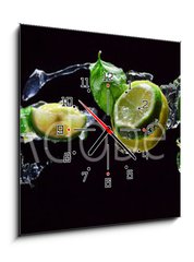 Obraz s hodinami 1D - 50 x 50 cm F_F107824838 - lime and lemon pieces with peppermint - kousky vápna a citronu s máty peprné