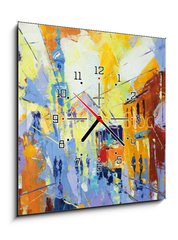 Obraz s hodinami 1D - 50 x 50 cm F_F115059065 - an original oil painting on canvas cubism style, parto of cubism landscapes collection, jut and ordinary day in the city, urban, city life,. - originální olejomalba na plátně, kubismus, část sbírky krajin kubismu, jut a obyčejný den ve městě, městský, městský život.