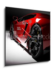 Obraz s hodinami   Red fast sports car in spotlight, black background. Shiny, new, luxurious., 50 x 50 cm