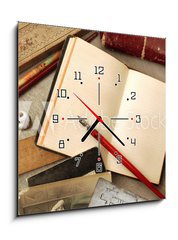 Obraz s hodinami 1D - 50 x 50 cm F_F11538956 - Vintage writing objects with blank pages