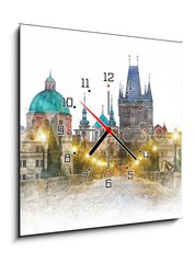 Obraz s hodinami 1D - 50 x 50 cm F_F118221693 - Prague - famous landmark Charles Bridge, watercolor artwork