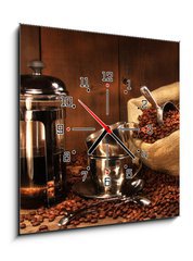 Obraz s hodinami   Sack of coffee beans with french press, 50 x 50 cm