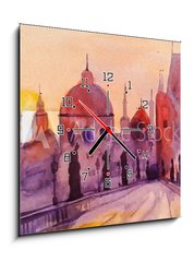 Obraz s hodinami 1D - 50 x 50 cm F_F120336963 - Prague Charles Bridge at sunset, watercolor painting, the last rays of the setting sun, statues and lilac, red and purple tones - Pražský Karlův most při západu slunce, akvarel, poslední paprsky zapadajícího slunce, sochy a šeřík, červené a fialové tóny