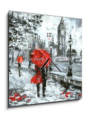 Obraz s hodinami 1D - 50 x 50 cm F_F120793610 - oil painting, street view of london. Artwork, Black, white and red, big ben - olejomalba, pohled na Londýn. Kresba, černá, bílá a červená, big ben