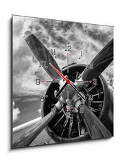 Obraz s hodinami 1D - 50 x 50 cm F_F123654629 - Close up of old airplane in black and white - Zblzka starho letadla v ern a bl