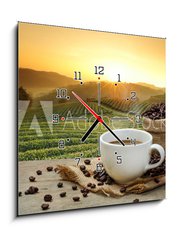 Obraz s hodinami   Hot Coffee cup with Coffee beans on the wooden table and the pla, 50 x 50 cm