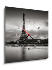Obraz s hodinami 1D - 50 x 50 cm F_F125899767 - Sunrise on the Eiffel Tower and Seine River in winter in Black  - Vchod slunce na Eiffelovu v a eku Seinu v zim v ernm