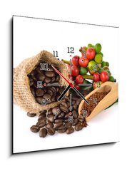 Obraz s hodinami   coffee beans and red ripe coffee on white background., 50 x 50 cm