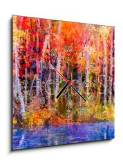 Obraz s hodinami 1D - 50 x 50 cm F_F129052938 - Oil painting colorful autumn trees. Semi abstract image of forest, aspen trees with yellow - red leaf and lake. Autumn, Fall season nature background. Hand Painted Impressionist, outdoor landscape - Olejomalba barevné podzimní stromy. Semi abstraktní obraz lesa, osiky se žlutou
