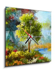 Obraz s hodinami 1D - 50 x 50 cm F_F131023522 - oil painting, flowers and trees near the river, sunset - olejomalba, květiny a stromy poblíž řeky, západ slunce