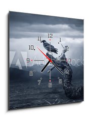 Obraz s hodinami 1D - 50 x 50 cm F_F132023019 - Crow sitting on a branch - Vrna sed na vtvi