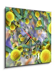 Obraz s hodinami 1D - 50 x 50 cm F_F132239851 - Biofilm of antibiotic resistant bacteria. Rod-shaped and spherical bacteria. Escherichia coli, Pseudomonas, Mycobacterium tuberculosis, Klebsiella, Staphylococcus aureus, MRSA. 3D illustration