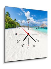 Obraz s hodinami 1D - 50 x 50 cm F_F132600844 - Wide sandy beach on a tropical island in Maldives. Palms and wat