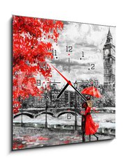 Obraz s hodinami 1D - 50 x 50 cm F_F133948127 - oil painting on canvas, street of london. Artwork. Big ben. man and woman under an red umbrella. Tree. England. Bridge and river