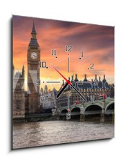 Obraz s hodinami 1D - 50 x 50 cm F_F134727682 - Farbenfroher Sonnenuntergang hinter dem Big Ben und der Westminster Brcke