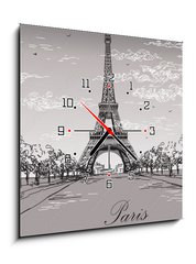 Obraz s hodinami 1D - 50 x 50 cm F_F138222265 - Landscape with Eiffel tower in black and white colors on grey background