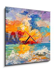 Obraz s hodinami 1D - 50 x 50 cm F_F141271349 - Oil painting of the sea, multicolored sunset on the horizon, watercolor - Olejomalba moře, vícebarevný západ slunce na obzoru, akvarel