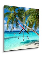 Obraz s hodinami   coco palms on tropical paradise beach with turquoise blue water and blue sky, 50 x 50 cm