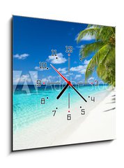 Obraz s hodinami 1D - 50 x 50 cm F_F151010448 - coco palms on tropical paradise beach with turquoise blue water and blue sky - kokosové palmy na pláži tropického ráje s tyrkysově modrou vodou a modrou oblohou