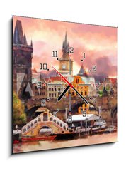 Obraz s hodinami 1D - 50 x 50 cm F_F155023138 - Watercolor illustration of old Prague - Akvarel ilustrace star Prahy