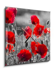 Obraz s hodinami 1D - 50 x 50 cm F_F158374540 - red poppies, black and white - červené vlčí máky, černé a bílé