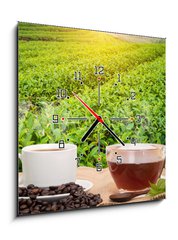 Obraz s hodinami 1D - 50 x 50 cm F_F160363480 - Coffee or tea in the morning on the wooden table and the Tea plantation background