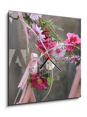 Obraz s hodinami 1D - 50 x 50 cm F_F166351131 - vintage Pink bicycle with basket of flowers