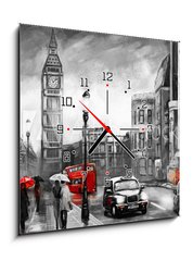 Obraz s hodinami 1D - 50 x 50 cm F_F167015499 - oil painting on canvas, street view of london. Artwork. Big ben. couple and red umbrella, bus and road, telephone. Black car - taxi. England