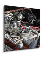 Obraz s hodinami 1D - 50 x 50 cm F_F170543646 - Under the Hood View of Restored Vintage Automobile Engine with Tri-Power Show-Chrome Carburetors