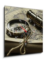 Obraz s hodinami   Retro compass with old map and spyglass, 50 x 50 cm