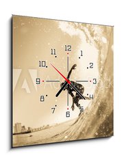 Obraz s hodinami 1D - 50 x 50 cm F_F194947698 - Surfing Surfer Wave Closeup Silhouette Vintage - Surfování Surfař Vlna Detailní Silueta Vintage